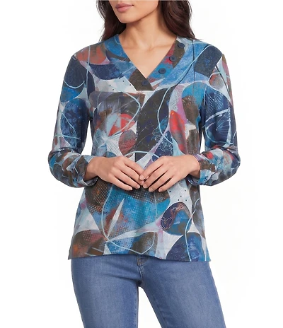 Ali Miles Knit Floral Print V-Neck 3/4 Sleeve Pullover Blouse