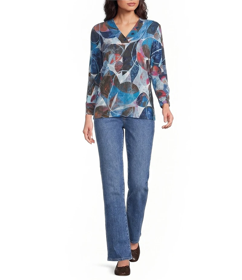 Ali Miles Knit Floral Print V-Neck 3/4 Sleeve Pullover Blouse