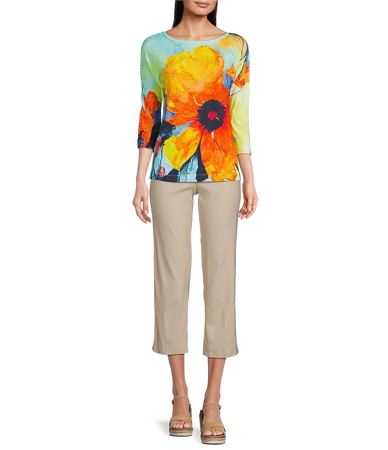 Ali Miles Knit Floral Round Neck 3/4 Dolman Sleeve Tunic