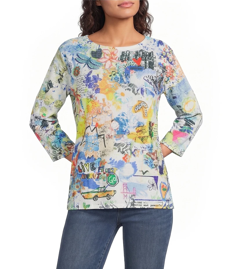 Ali Miles Knit Graffiti Doodle Abstract Crew Neck 3/4 Sleeve High-Low Top