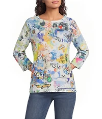 Ali Miles Knit Graffiti Doodle Abstract Crew Neck 3/4 Sleeve High-Low Top