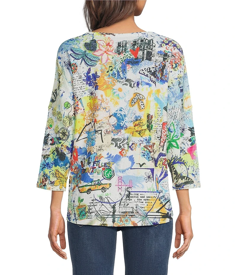 Ali Miles Knit Graffiti Doodle Abstract Crew Neck 3/4 Sleeve High-Low Top