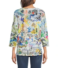 Ali Miles Knit Graffiti Doodle Abstract Crew Neck 3/4 Sleeve High-Low Top