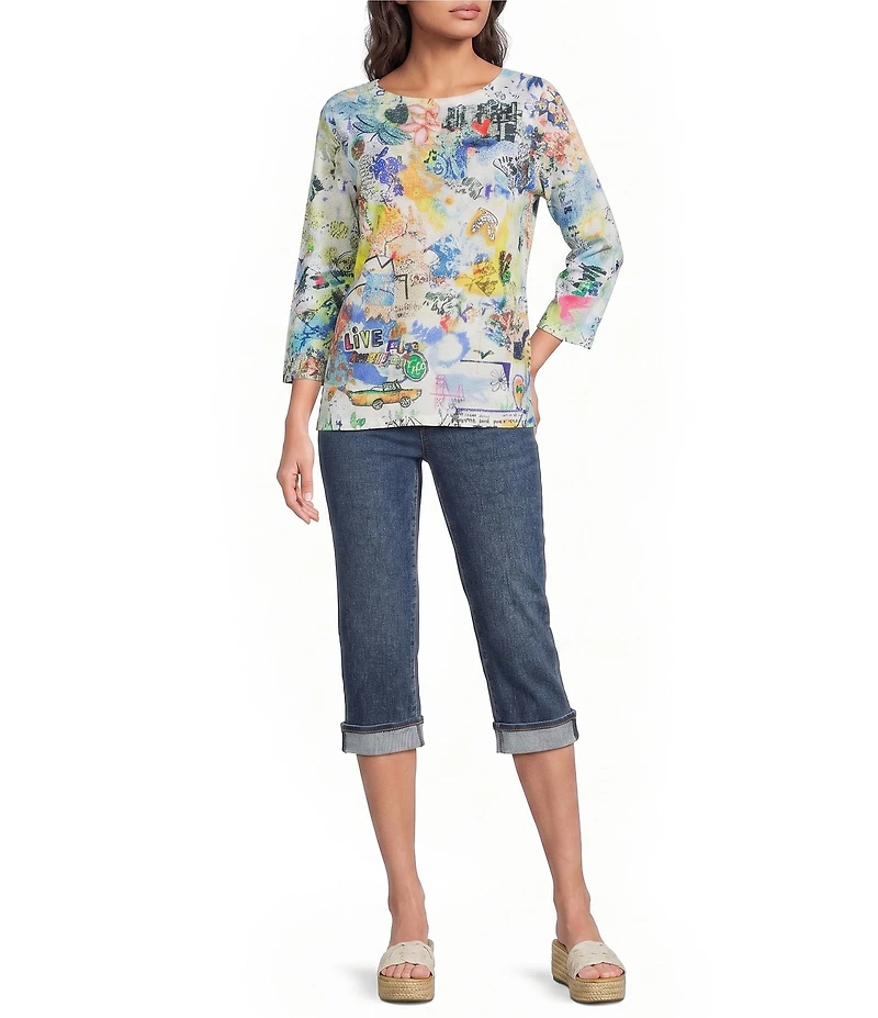 Ali Miles Knit Graffiti Doodle Abstract Crew Neck 3/4 Sleeve High-Low Top