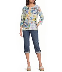 Ali Miles Knit Graffiti Doodle Abstract Crew Neck 3/4 Sleeve High-Low Top