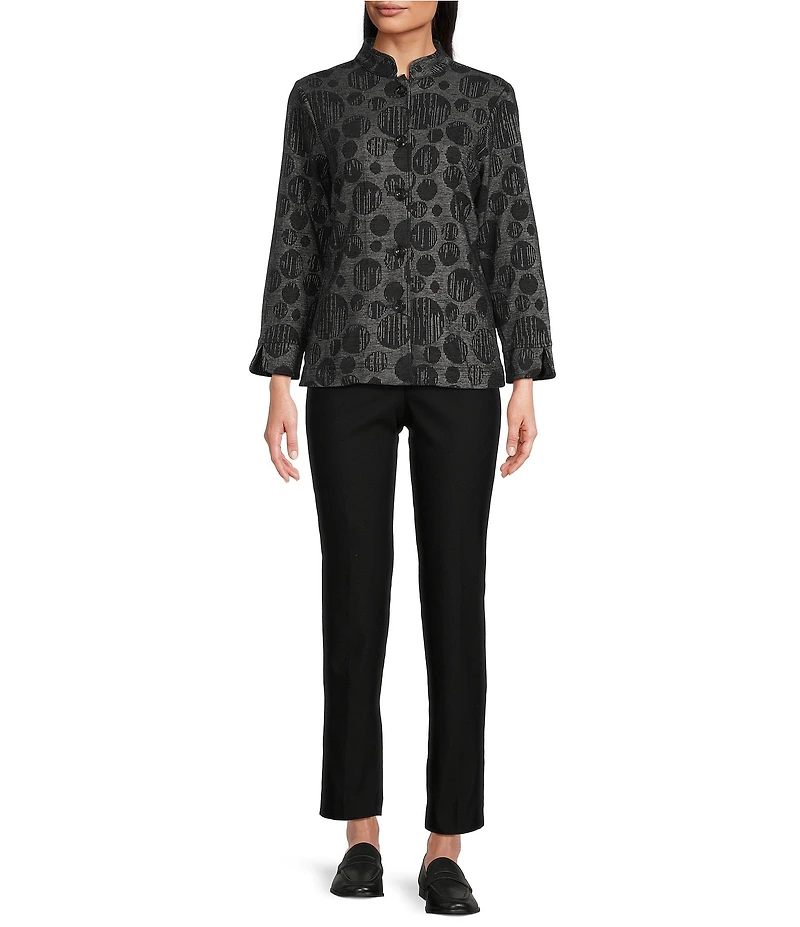 Ali Miles Knit Jacquard All Over Dots Stand Collar Long Sleeve Button Front Tunic