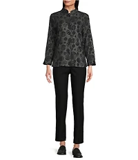 Ali Miles Knit Jacquard All Over Dots Stand Collar Long Sleeve Button Front Tunic