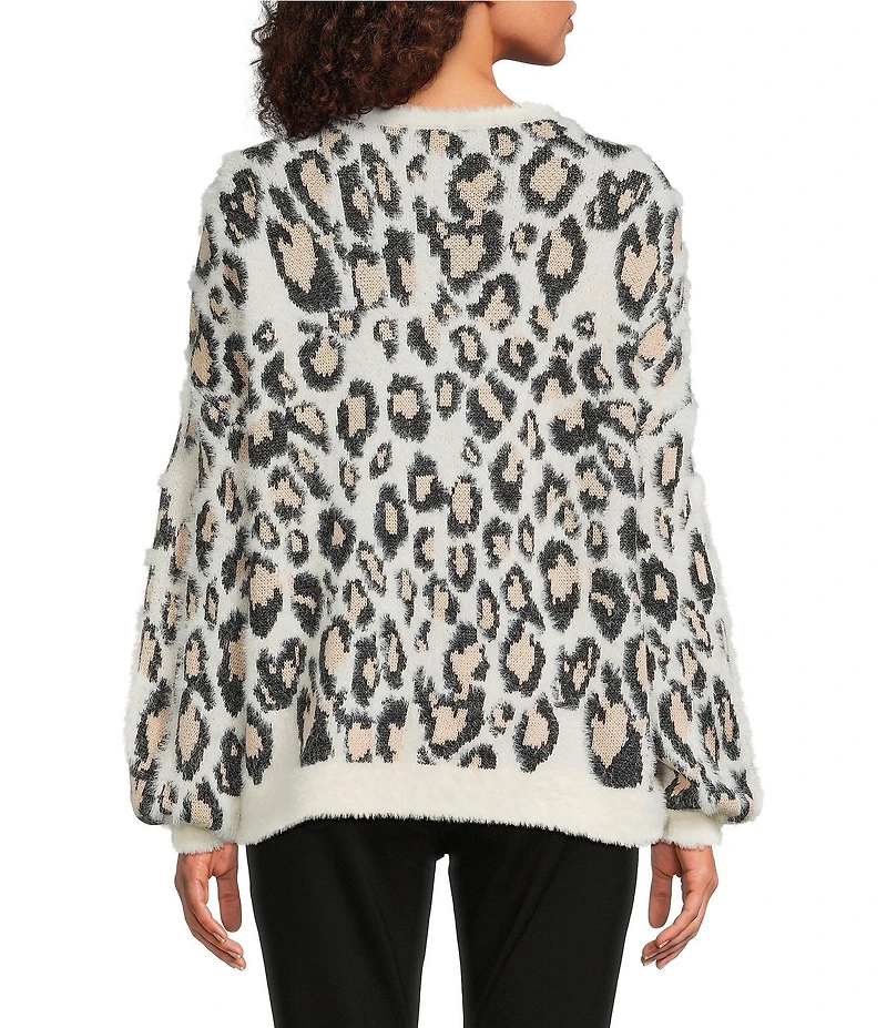 Ali Miles Knit Jacquard Animal Print Round Neck Long Sleeve Pullover Sweater