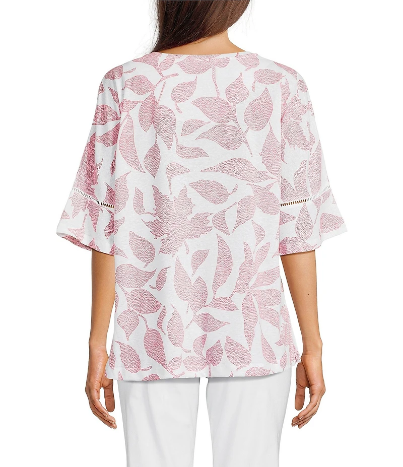 Ali Miles Knit Leaf Print Linen Blend V-Neck 3/4 Lace Sleeve Tunic
