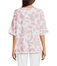 Ali Miles Knit Leaf Print Linen Blend V-Neck 3/4 Lace Sleeve Tunic