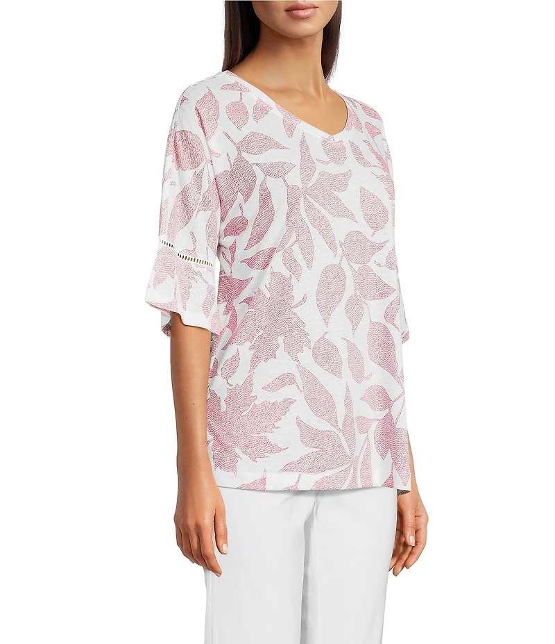 Ali Miles Knit Leaf Print Linen Blend V-Neck 3/4 Lace Sleeve Tunic
