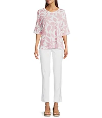 Ali Miles Knit Leaf Print Linen Blend V-Neck 3/4 Lace Sleeve Tunic