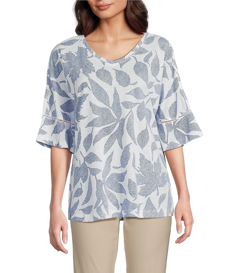 Ali Miles Knit Leaf Print Linen Blend V-Neck 3/4 Lace Sleeve Tunic