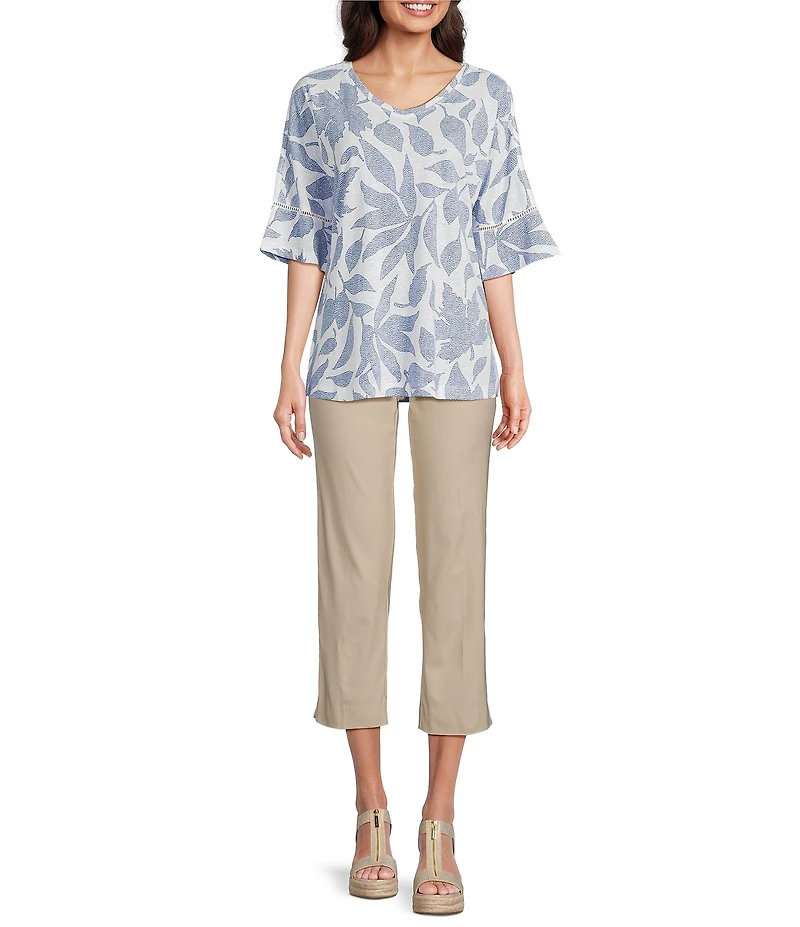 Ali Miles Knit Leaf Print Linen Blend V-Neck 3/4 Lace Sleeve Tunic