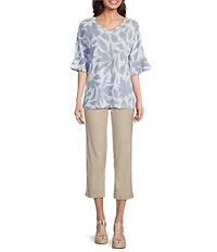 Ali Miles Knit Leaf Print Linen Blend V-Neck 3/4 Lace Sleeve Tunic