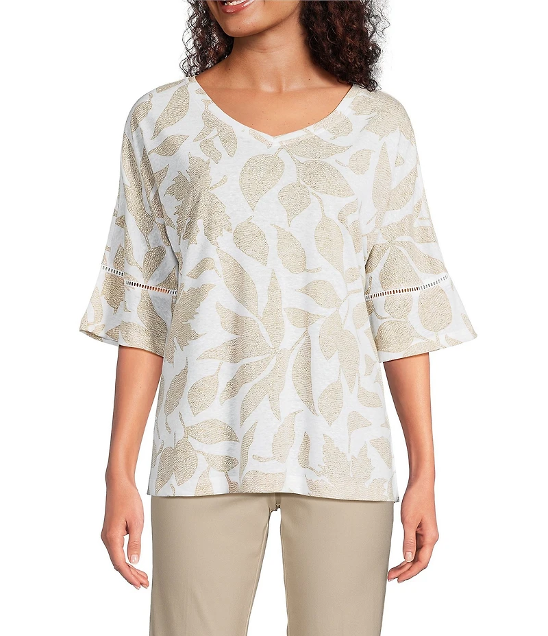 Ali Miles Knit Leaf Print Linen Blend V-Neck 3/4 Lace Sleeve Tunic