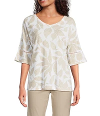Ali Miles Knit Leaf Print Linen Blend V-Neck 3/4 Lace Sleeve Tunic