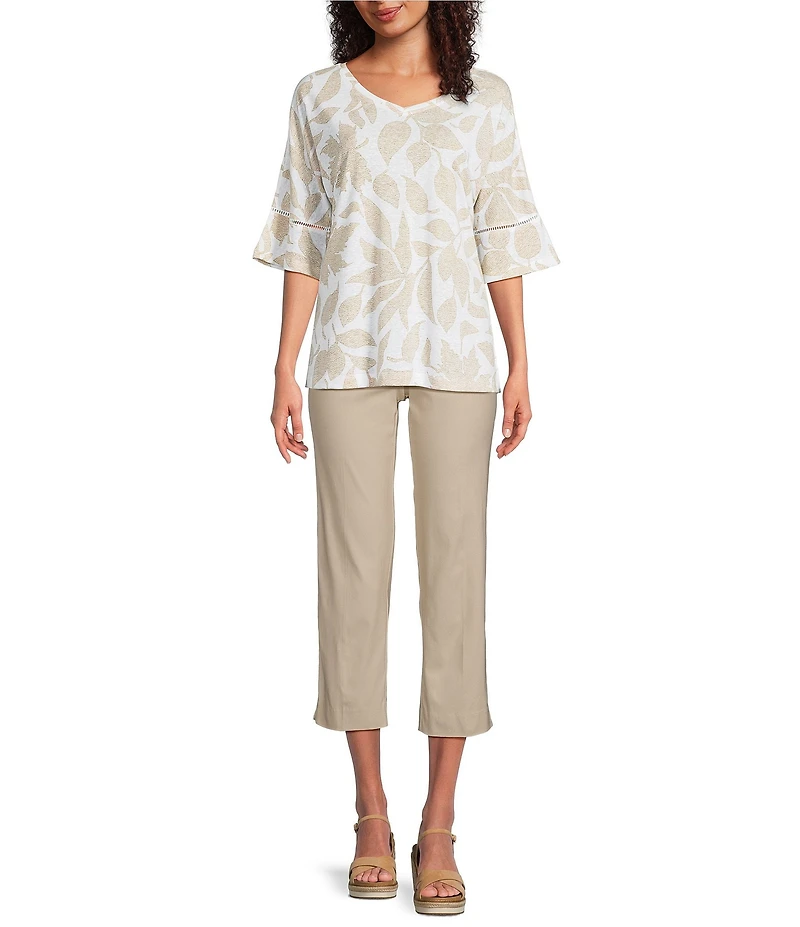 Ali Miles Knit Leaf Print Linen Blend V-Neck 3/4 Lace Sleeve Tunic