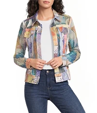 Ali Miles Knit Mesh Cool Floral Print Point Collar Long Sleeves Jacket