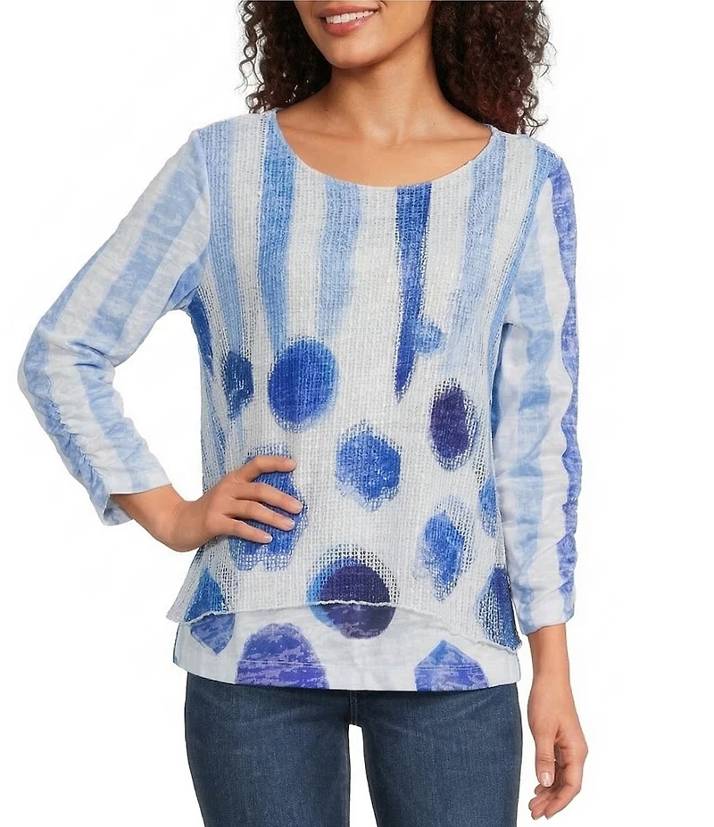 Ali Miles Knit Mesh Overlay Striped Dotted Round Neck 3/4 Cinched Sleeve Top