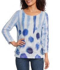 Ali Miles Knit Mesh Overlay Striped Dotted Round Neck 3/4 Cinched Sleeve Top