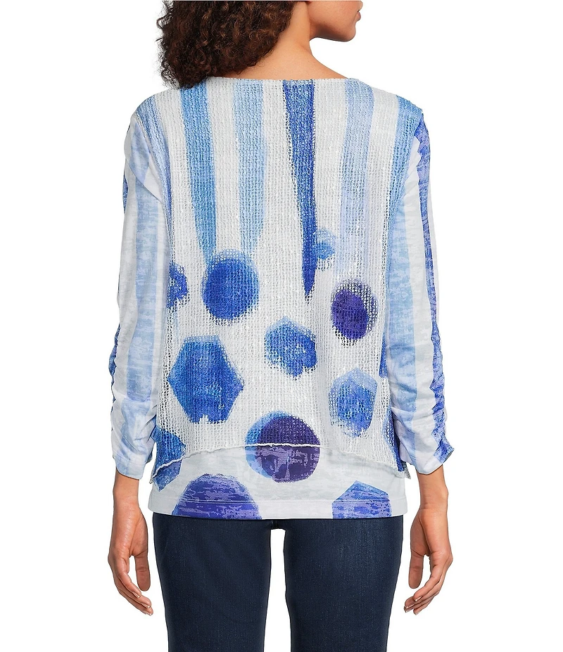 Ali Miles Knit Mesh Overlay Striped Dotted Round Neck 3/4 Cinched Sleeve Top
