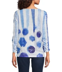 Ali Miles Knit Mesh Overlay Striped Dotted Round Neck 3/4 Cinched Sleeve Top