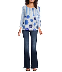 Ali Miles Knit Mesh Overlay Striped Dotted Round Neck 3/4 Cinched Sleeve Top