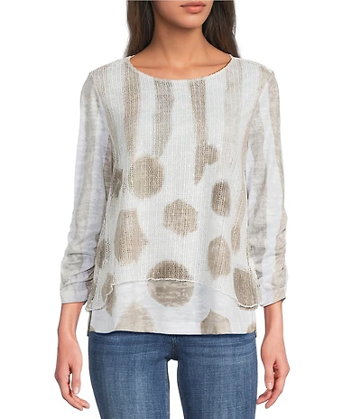 Ali Miles Knit Mesh Overlay Striped Dotted Round Neck 3/4 Cinched Sleeve Top