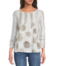 Ali Miles Knit Mesh Overlay Striped Dotted Round Neck 3/4 Cinched Sleeve Top