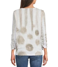 Ali Miles Knit Mesh Overlay Striped Dotted Round Neck 3/4 Cinched Sleeve Top