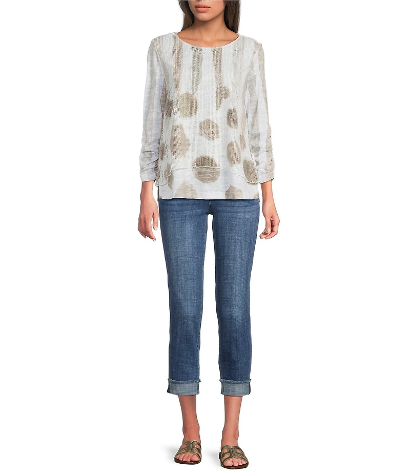 Ali Miles Knit Mesh Overlay Striped Dotted Round Neck 3/4 Cinched Sleeve Top