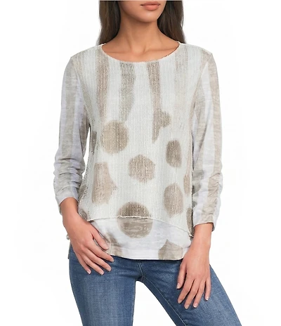 Ali Miles Knit Mesh Overlay Striped Dotted Round Neck 3/4 Cinched Sleeve Top
