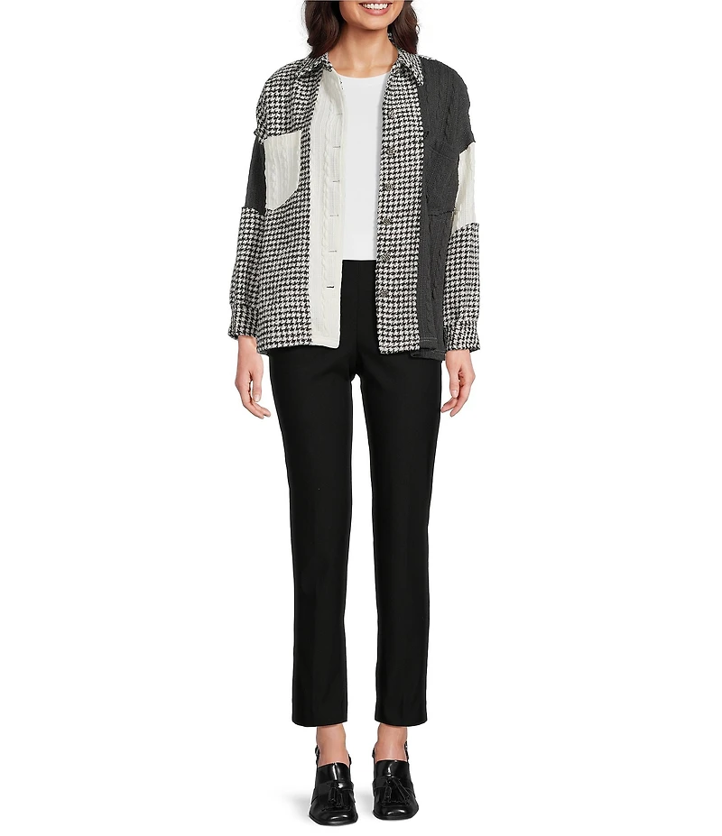 Ali Miles Knit Mixed Media Point Collar Long Sleeve Button Front Jacket