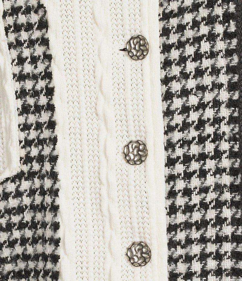 Ali Miles Knit Mixed Media Point Collar Long Sleeve Button Front Jacket