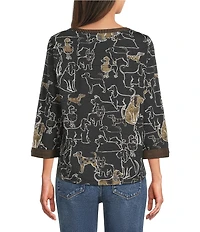 Ali Miles Knit Novelty Dog Print V-Neck 3/4 Sleeve Top