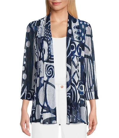 Ali Miles Knit Print Open Neck Band 3/4 Sleeve Kimono Jacket