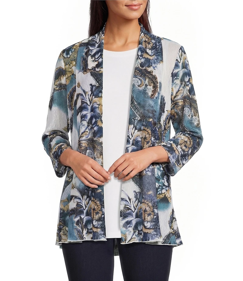 Ali Miles Knit Print Open Neck Band 3/4 Sleeve Kimono Jacket