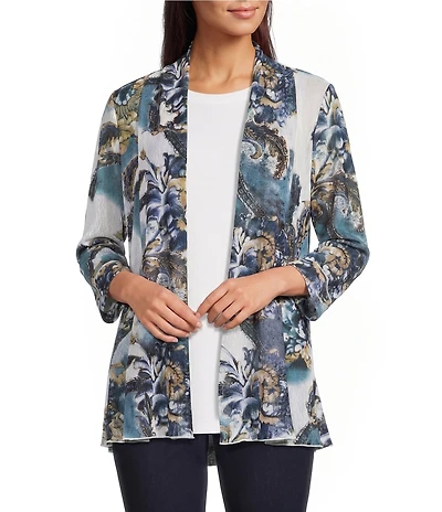 Ali Miles Knit Print Open Neck Band 3/4 Sleeve Kimono Jacket