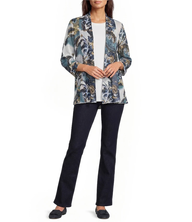 Ali Miles Knit Print Open Neck Band 3/4 Sleeve Kimono Jacket