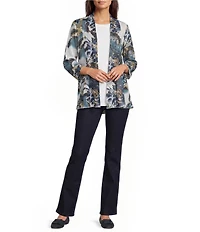 Ali Miles Knit Print Open Neck Band 3/4 Sleeve Kimono Jacket