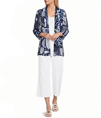 Ali Miles Knit Print Open Neck Band 3/4 Sleeve Kimono Jacket