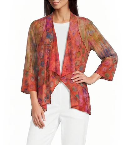 Ali Miles Knit Printed Jacquard Open Front 3/4 Sleeve Kimono