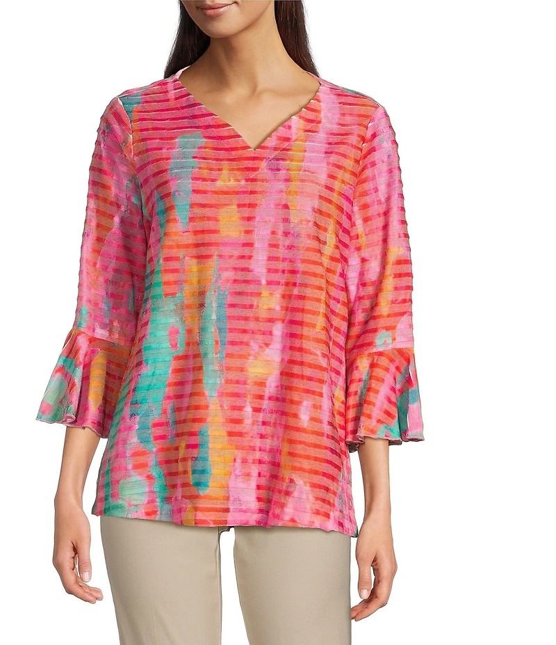 Ali Miles Knit Printed V-Neck 3/4 Bell Cuff Sleeve Tunic