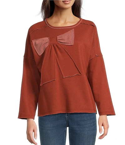 Ali Miles Knit Raw Edge Bow Detail Crew Neck Dolman Long Sleeve Top