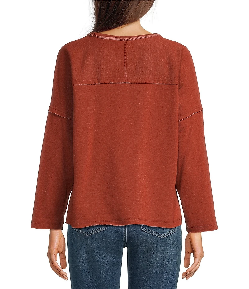 Ali Miles Knit Raw Edge Bow Detail Crew Neck Dolman Long Sleeve Top