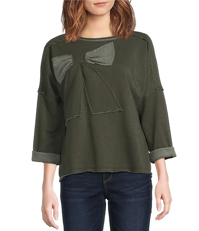 Ali Miles Knit Raw Edge Bow Detail Crew Neck Dolman Long Sleeve Top