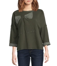 Ali Miles Knit Raw Edge Bow Detail Crew Neck Dolman Long Sleeve Top