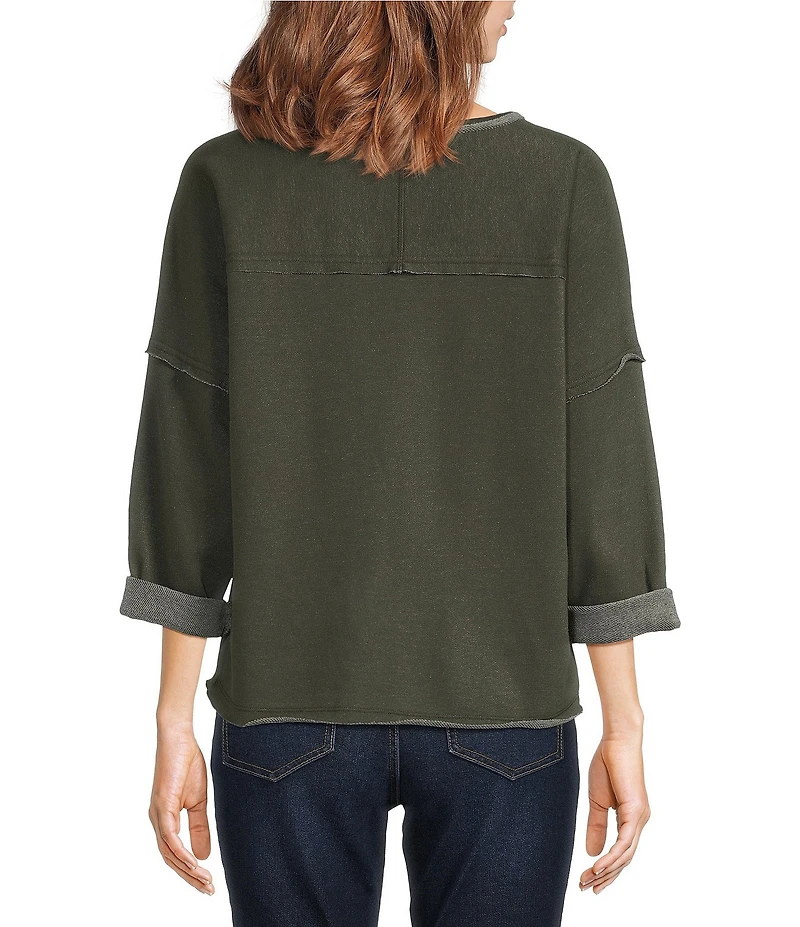 Ali Miles Knit Raw Edge Bow Detail Crew Neck Dolman Long Sleeve Top