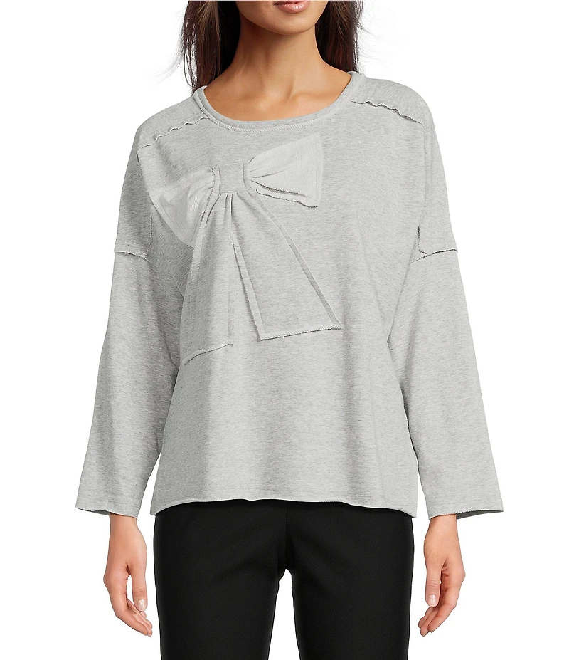 Ali Miles Knit Raw Edge Bow Detail Crew Neck Dolman Long Sleeve Top